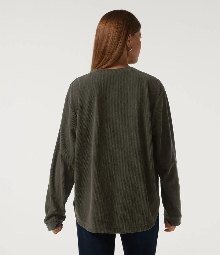 Round Neck Long Sleeve Curved Hem Corduroy Casual Sweatshirt