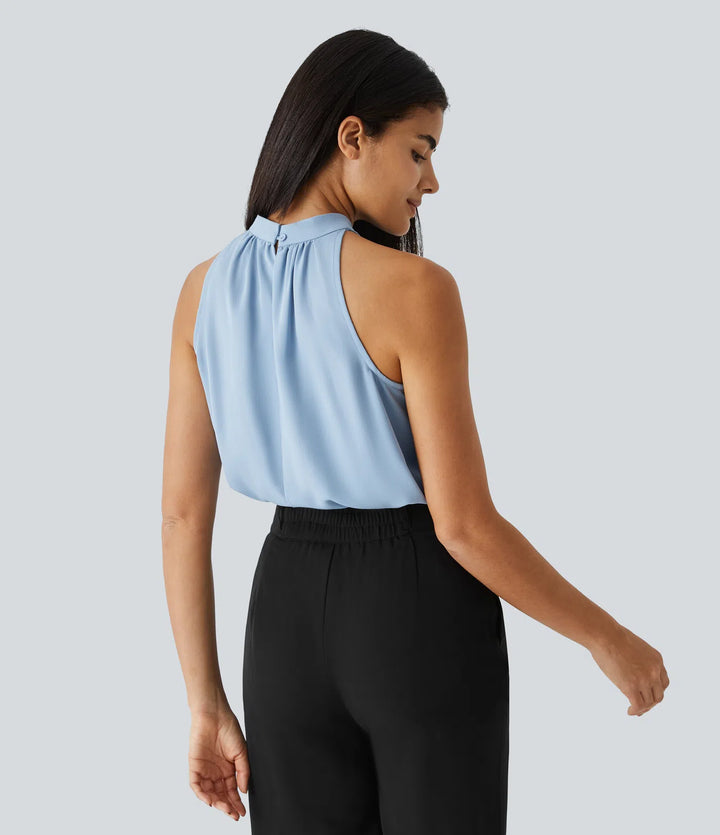 Keyhole Back Halter Sleeveless Curved Hem Work Blouse