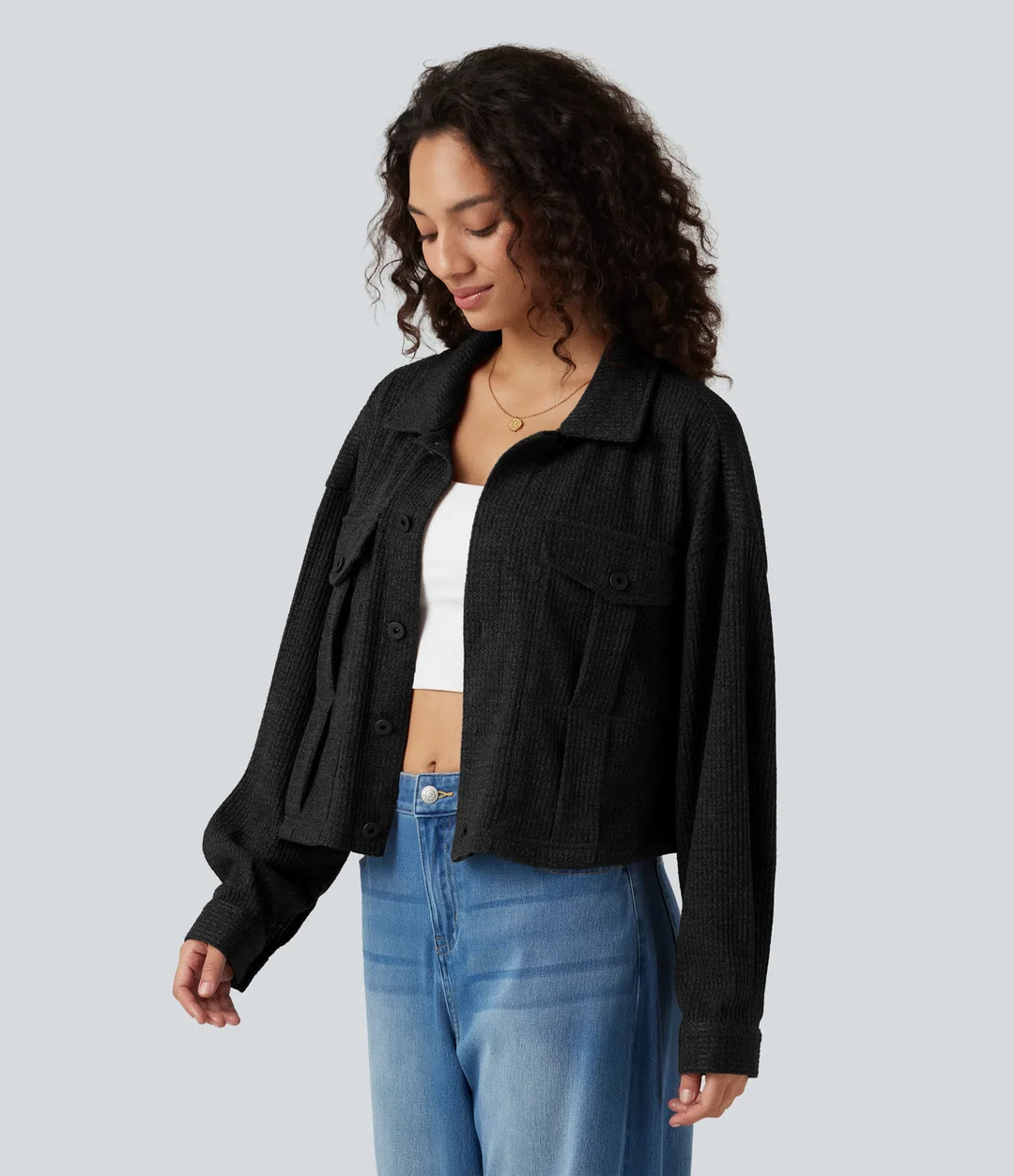 Long Sleeve Knit Waffle Casual Jacket with Pockets