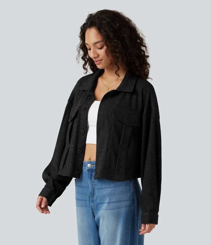 Long Sleeve Knit Waffle Casual Jacket with Pockets