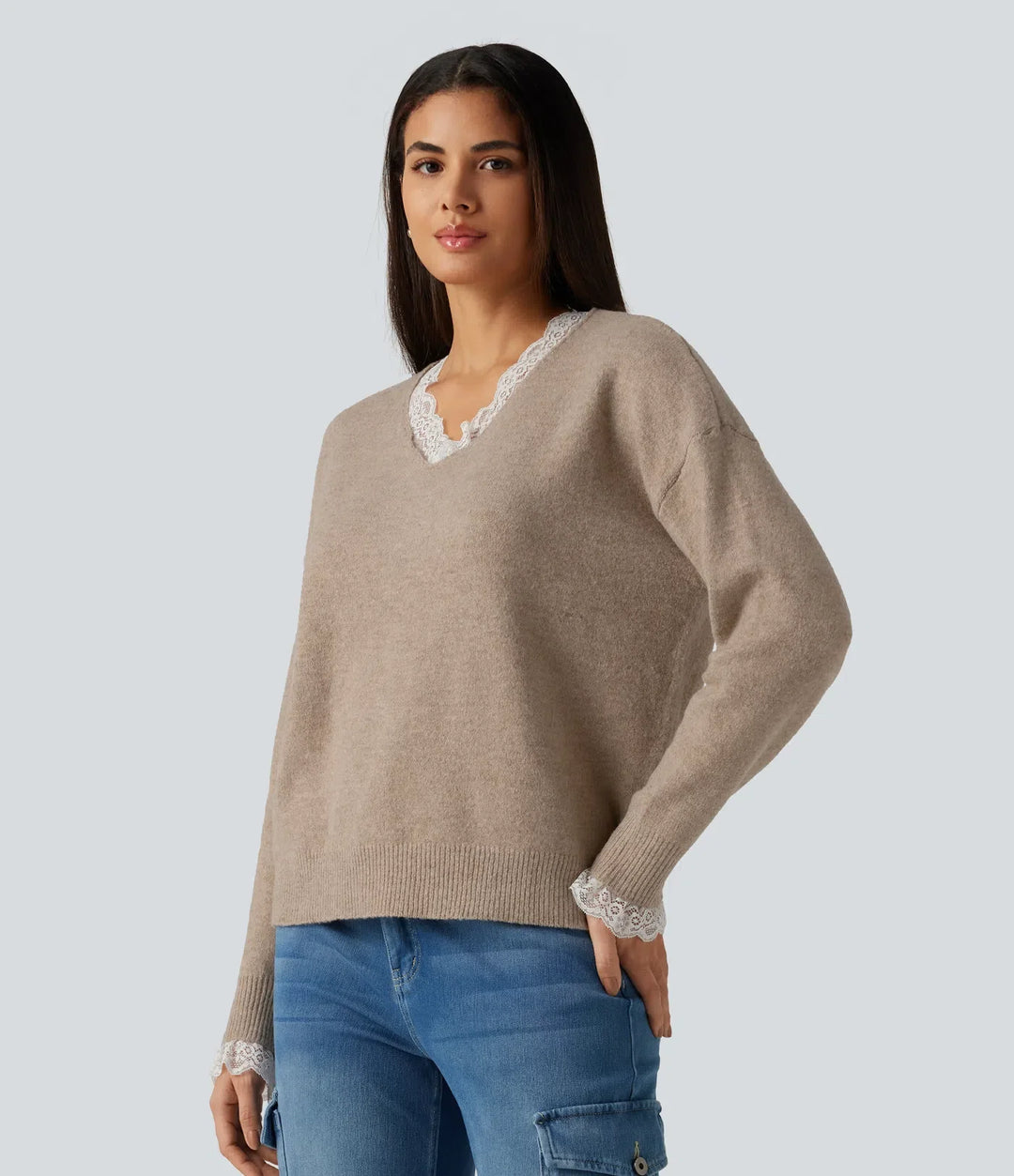 V Neck Contrast Lace Dropped Long Sleeve Casual Sweater