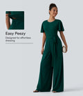 Round Neck Short Sleeve Tie Front Wide Leg Jumpsuit with Pockets-Easy Peezy Edition