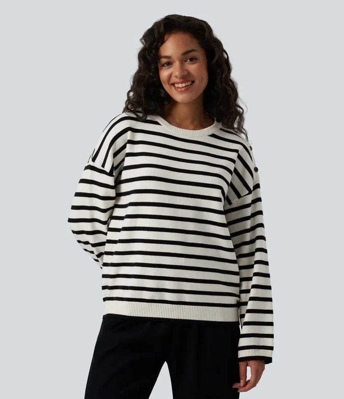 Round Neck Long Sleeve Stripe Decorative Button Casual Sweater