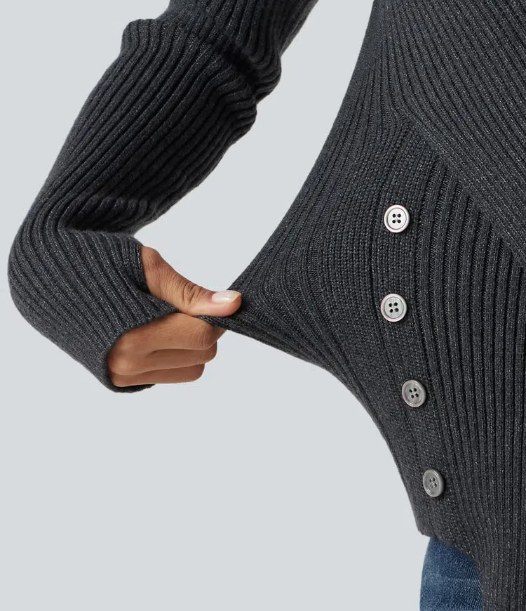 Ribbed Knit High Neck Long Sleeve Thumb Hole Crossover Hem Slim Work Sweater