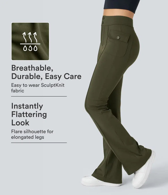 High Waisted Side Flap Pocket Flare Casual Cargo Pants