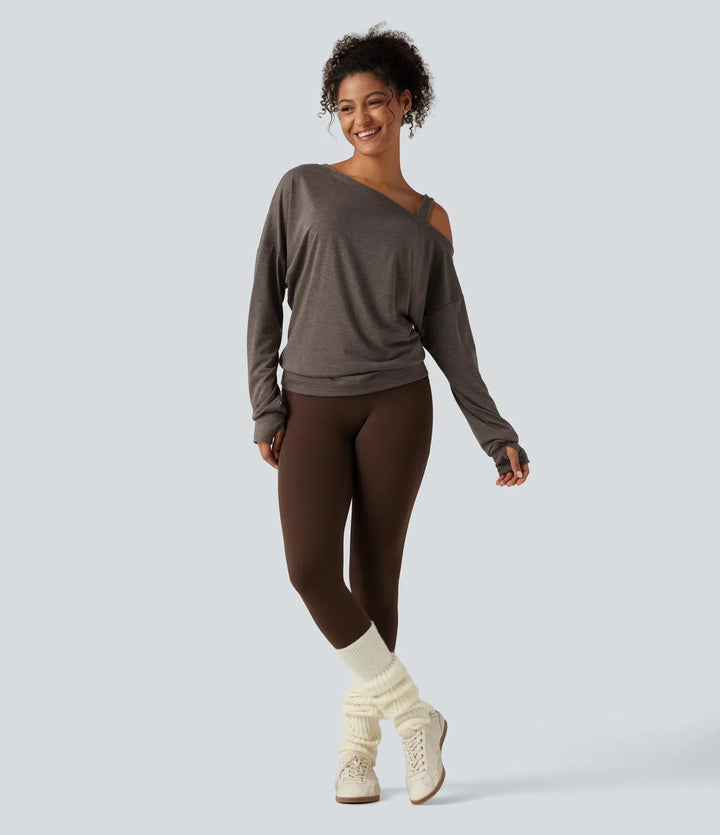 One Shoulder Long Sleeve Thumb Hole Yoga Sports Top