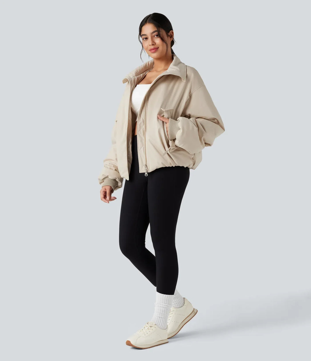 High Neck Long Sleeve Zipper Casual Puffer Jacket with Pockets