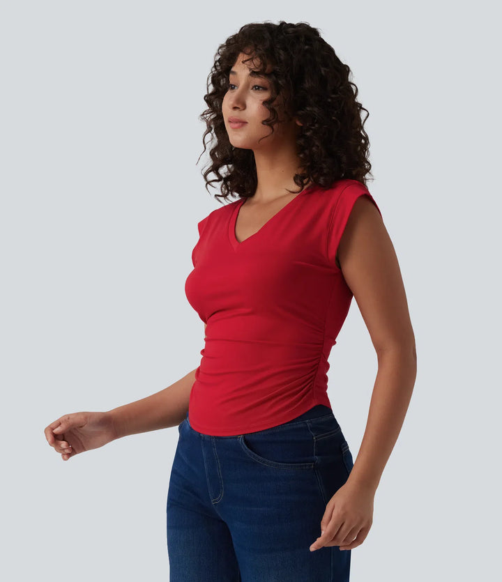 V Neck Cap Sleeve Curved Hem Ruched Casual T-Shirt