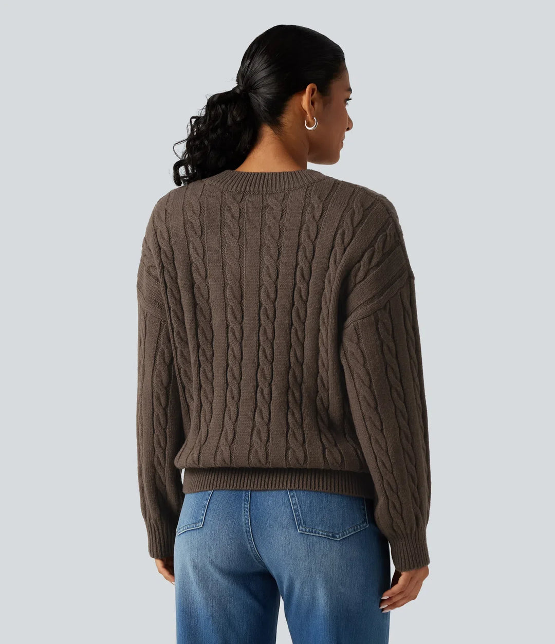 V Neck Dropped Long Sleeve Cable Knit Casual Wool-Blend Sweater