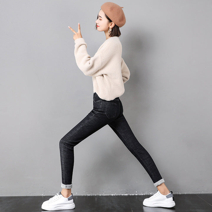 Woman wearing fleece-lined skinny jeans