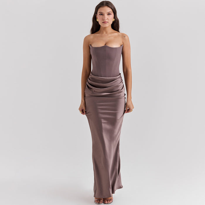 Kinsley | Strapless Satin Corset Maxi Dress with Ruched Waist