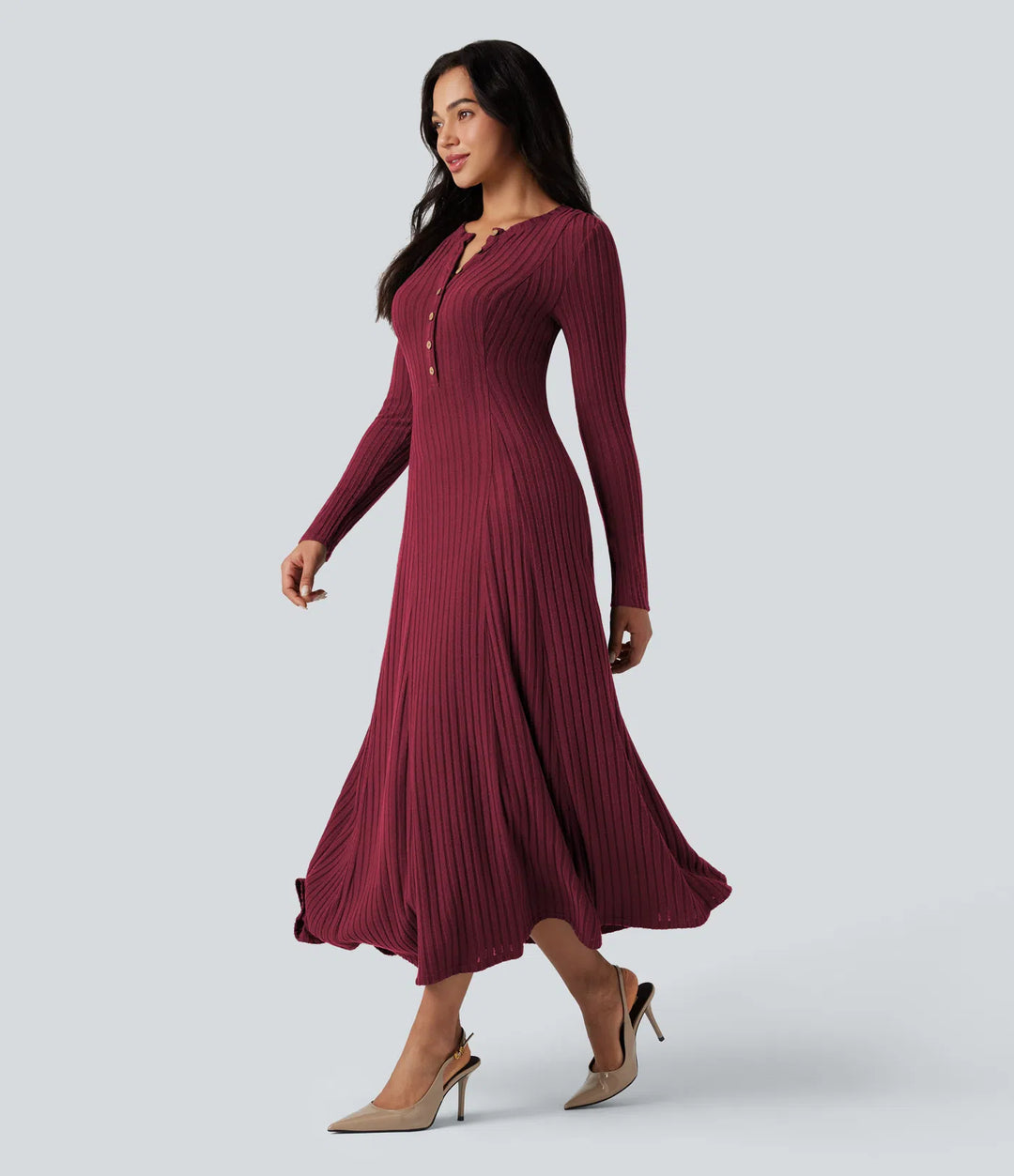 Ribbed Knit Henley Neck Long Sleeve Flowy Maxi Casual Dress
