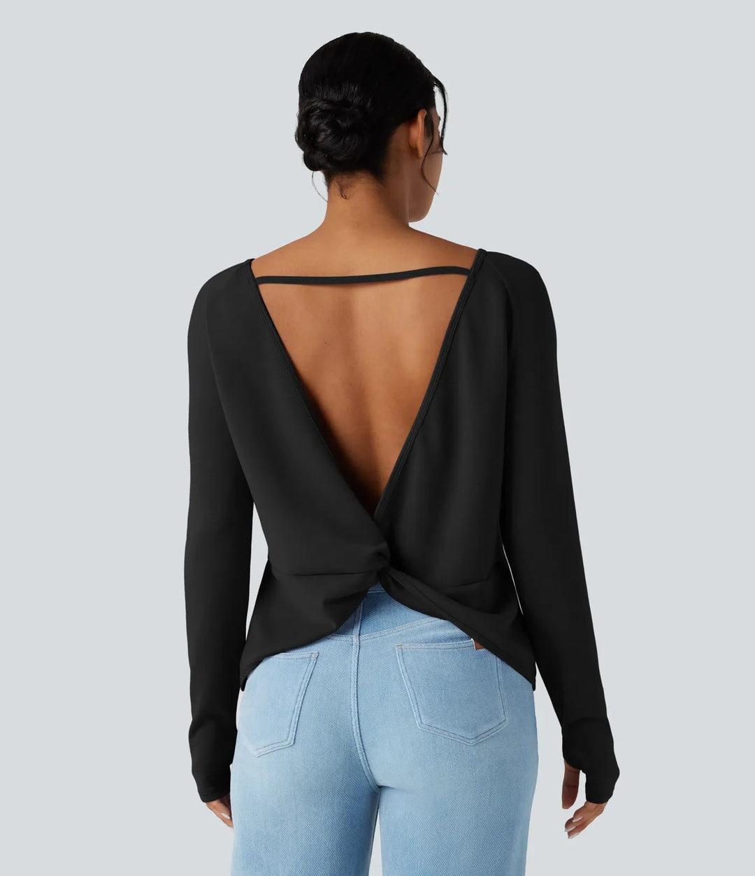 SpacerTek Backless Twisted Long Sleeve Thumb Holes Casual Sweatshirt with Pockets