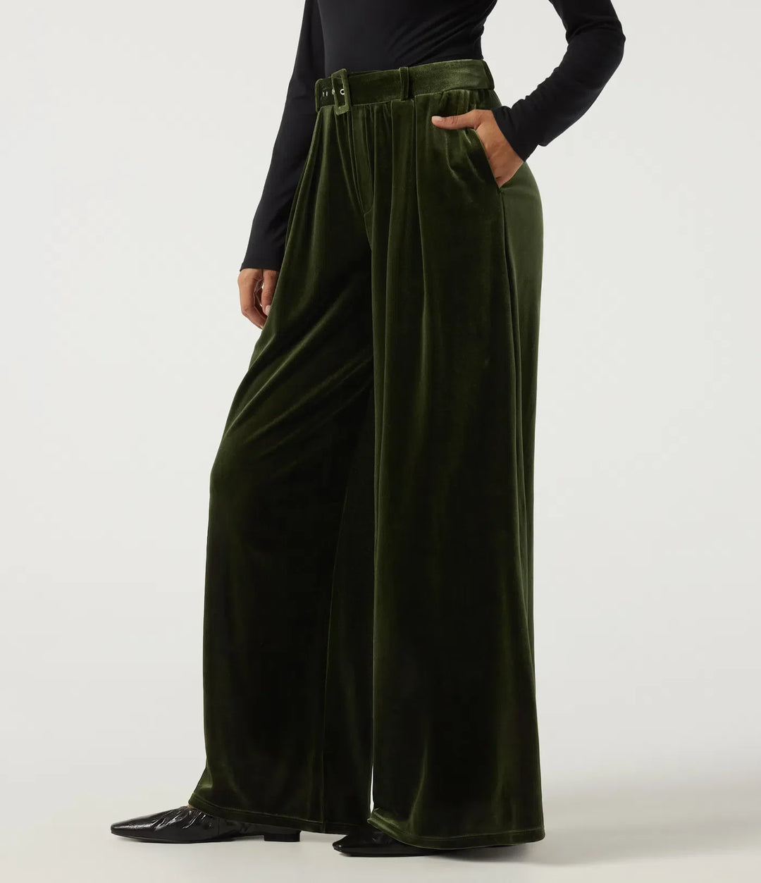High Waisted Belted Wide Leg Velvet Casual Pants with Pockets