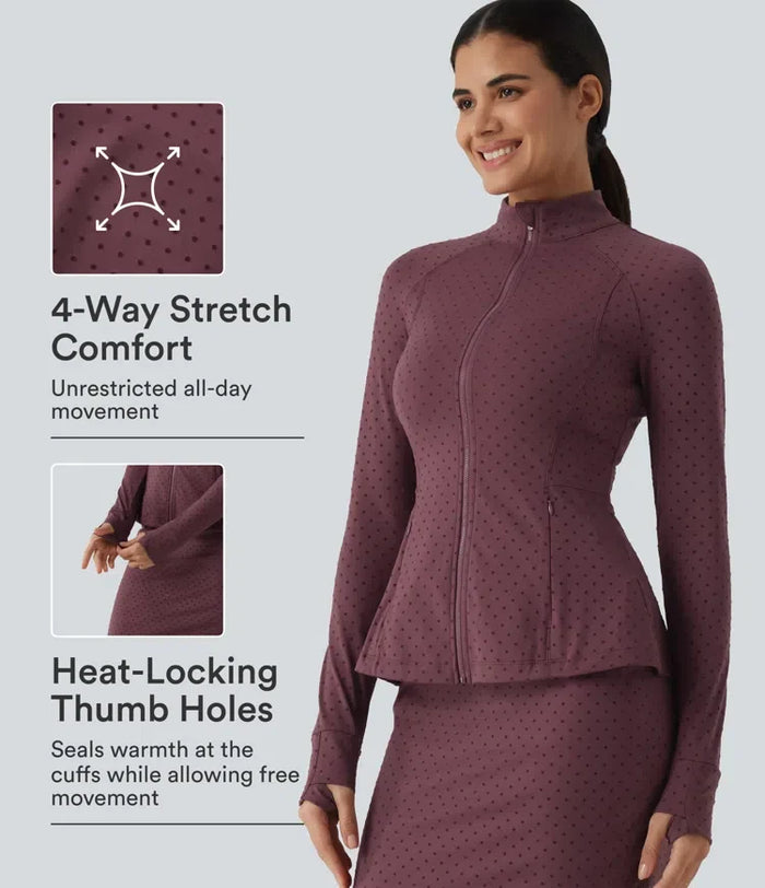 Stand Collar Long Sleeve Thumb Hole Polka Dot Yoga Jacket with Pockets
