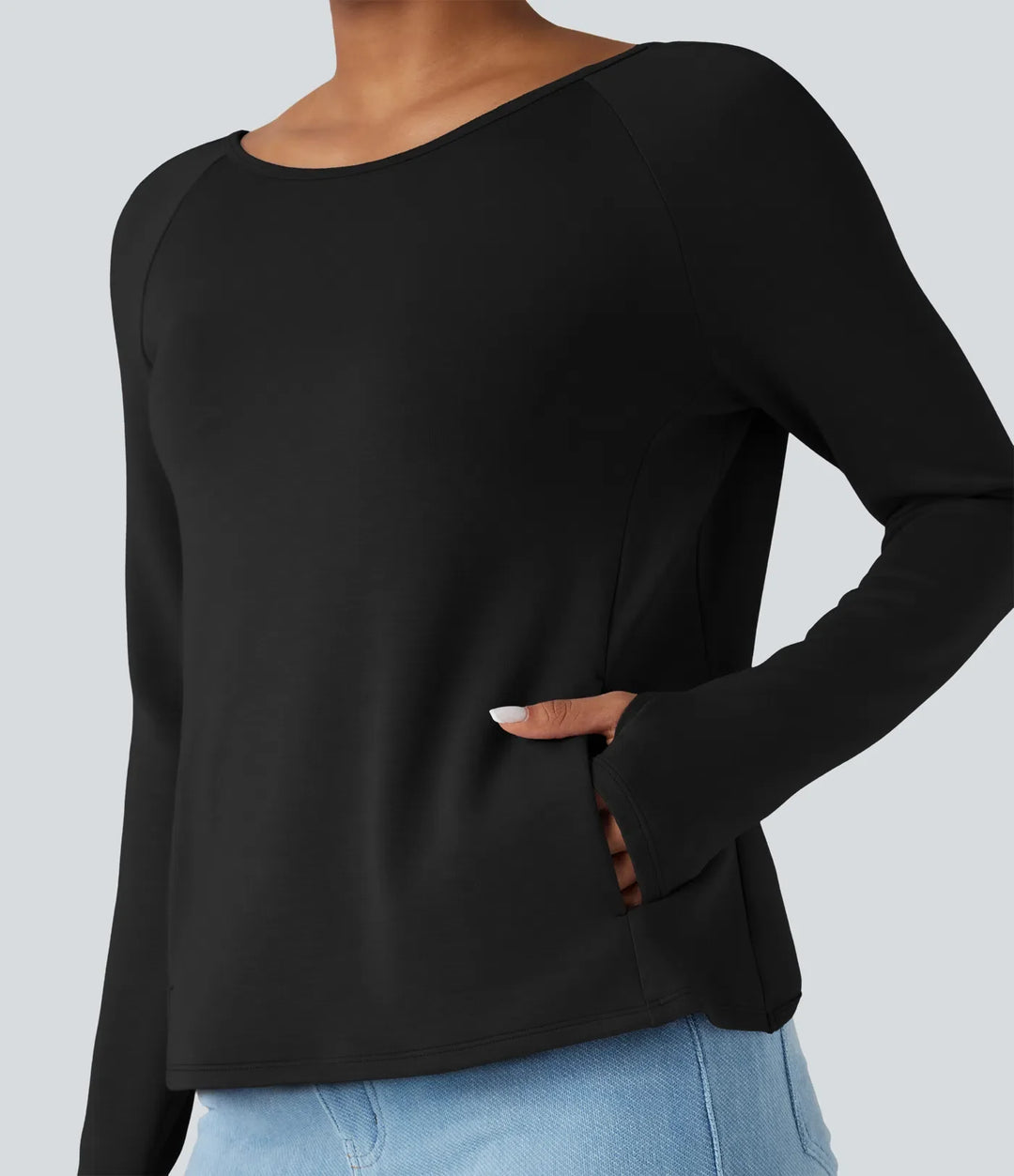 SpacerTek Backless Twisted Long Sleeve Thumb Holes Casual Sweatshirt with Pockets