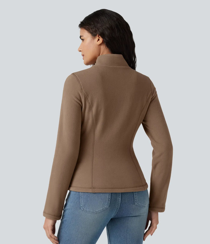 Stand Collar Zip Fly Slim Casual Fleece Jacket with Pockets