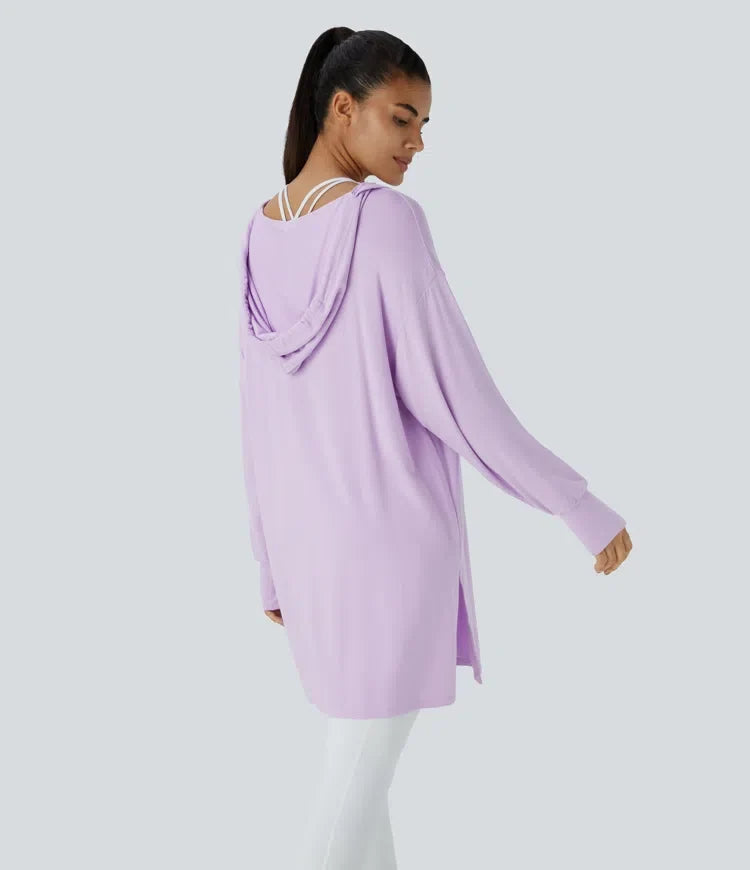 Hooded V Neck Drawstring Thumb Hole Longline Casual Sweatshirt