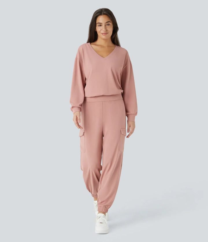 V Neck Dropped Shoulder Long Sleeve Waffle Casual Sweatshirt