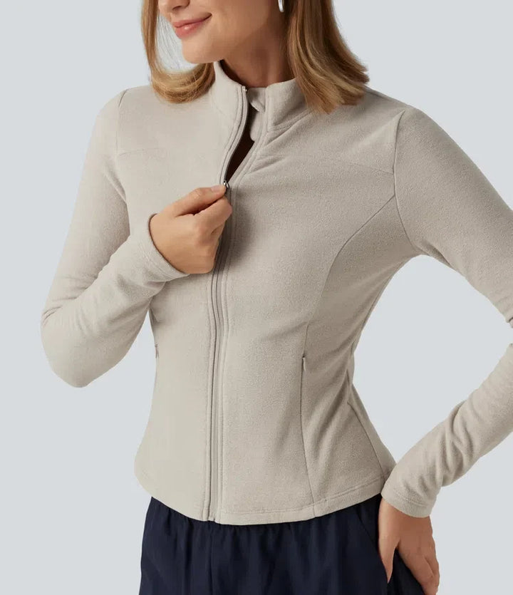 Stand Collar Long Sleeve Fleece Casual Jacket with Pockets