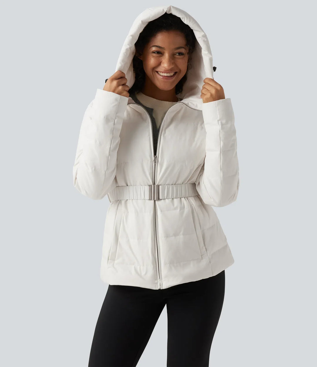 Hooded Long Sleeve Belted Work Down Jacket with Pockets