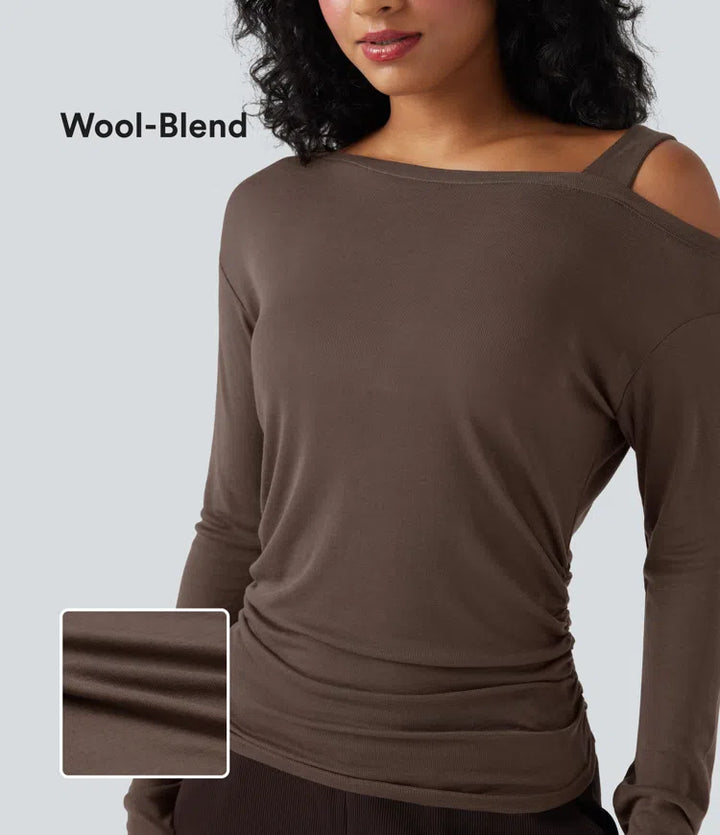 One-Shoulder Long Sleeve Asymmetrical Casual Wool-Blend T-Shirt