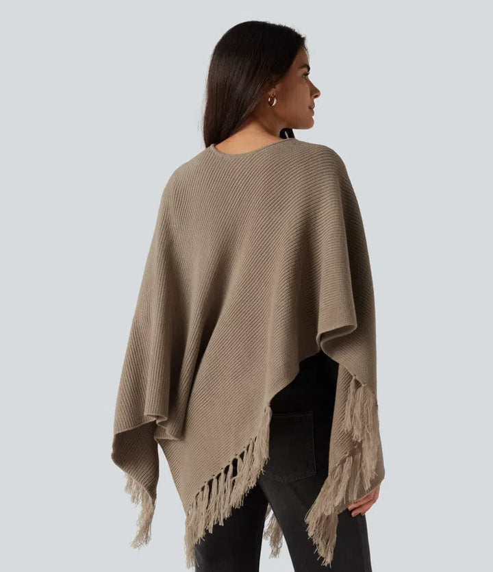 Boat Neck Fringe Poncho Cape Casual Sweater
