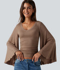 Ribbed V Neck Flounce Sleeve Ruched Casual T-Shirt