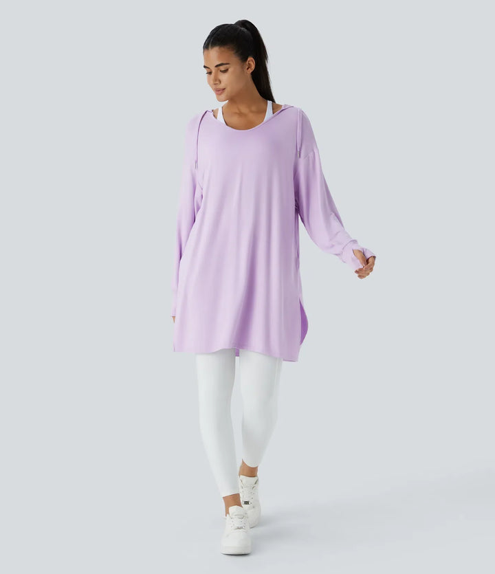 Hooded V Neck Drawstring Thumb Hole Longline Casual Sweatshirt