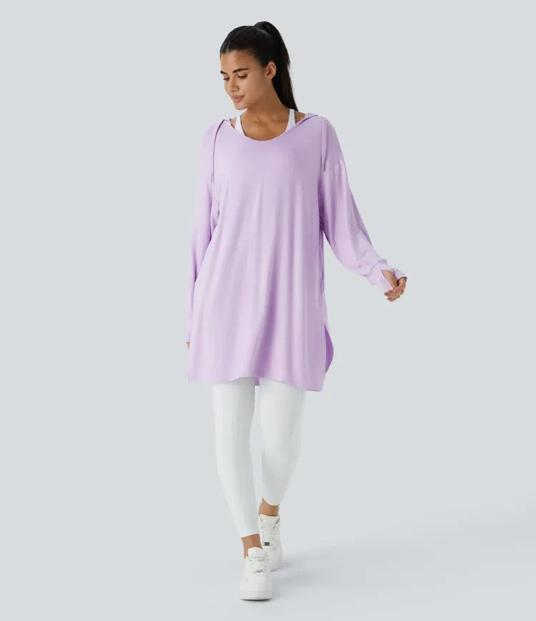 Hooded V Neck Drawstring Thumb Hole Longline Casual Sweatshirt
