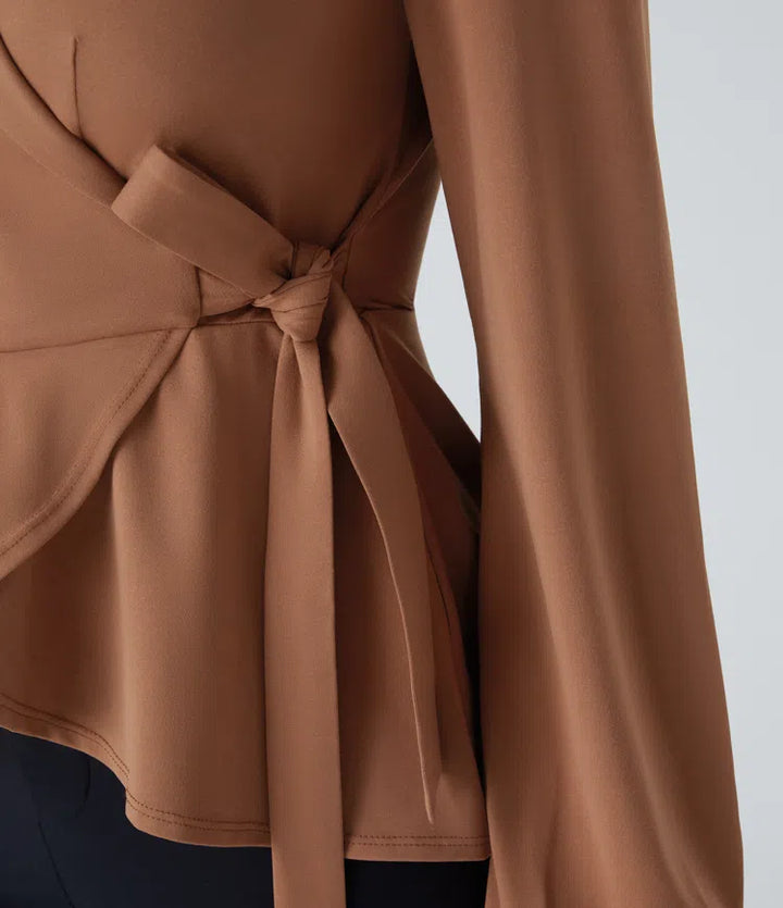 Shawl Collar Wrapped Tie Side Ruffle Hem Work Blouse