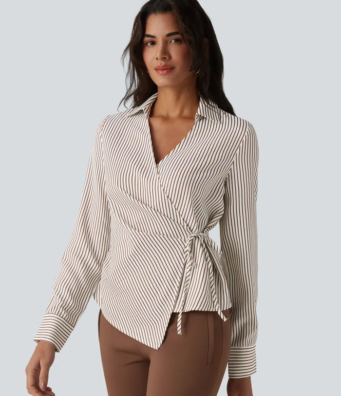 Long Sleeve Wrapped Tie Side Stripe Work Shirt
