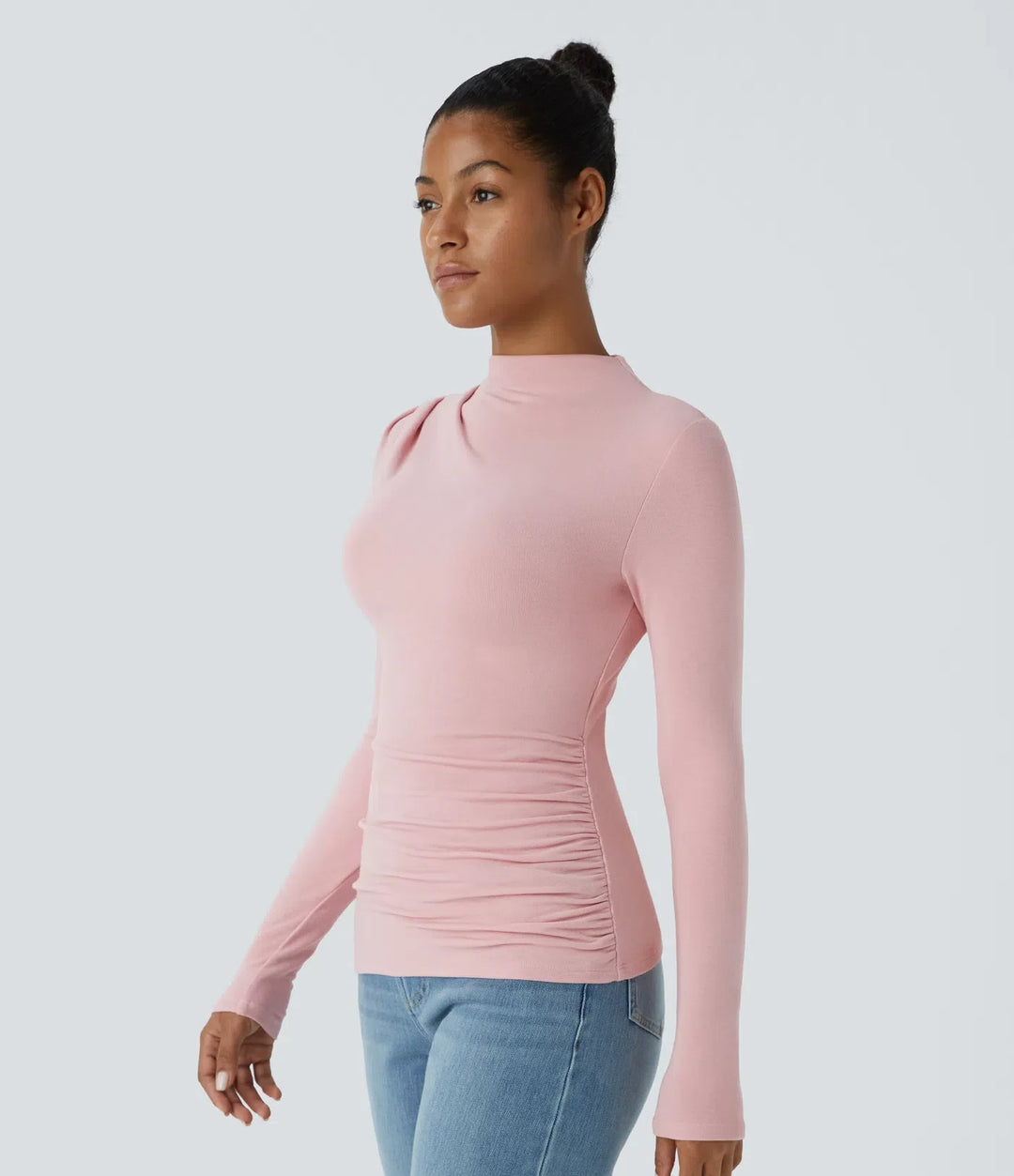 Funnel Neck Long Sleeve Ruched Skinny Thermal Casual Top