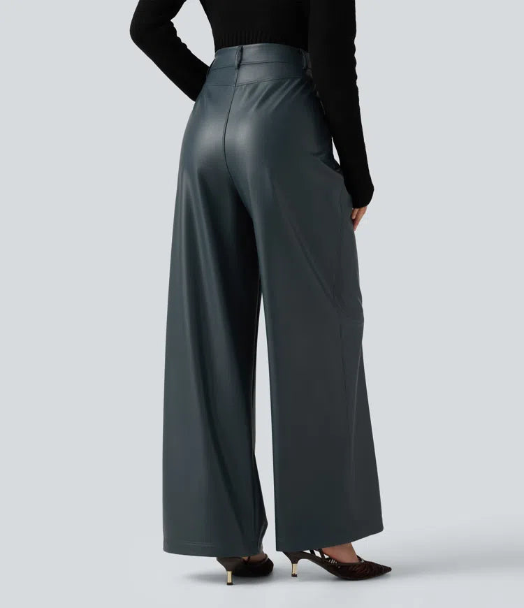 High Waisted Wide Leg Stretchy PU Fleece Casual Pants with Pockets