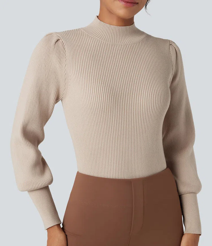 Mock Neck Puff Long Sleeve Casual Sweater
