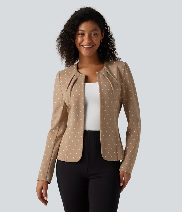 Round Neck Curved Hem Polka Dot Long Sleeve Work Blazer