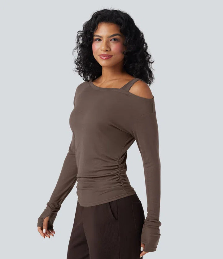 One-Shoulder Long Sleeve Asymmetrical Casual Wool-Blend T-Shirt