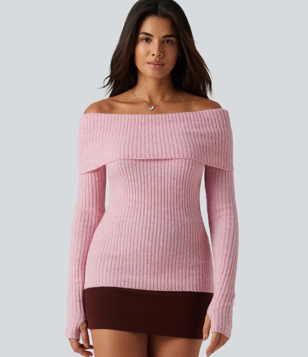 Off Shoulder Long Sleeve Thumb Hole Work Sweater