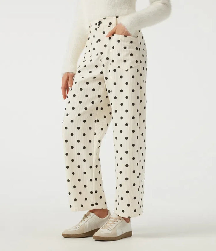 Mid Rise Barrel Leg Polka Dot Corduroy Casual Pants with Pockets