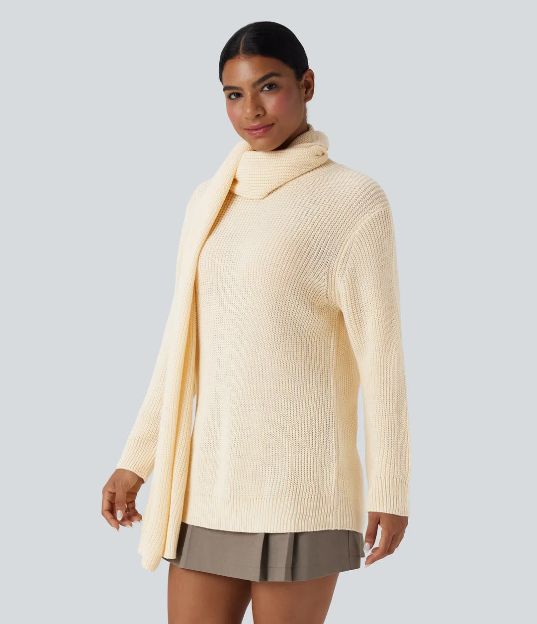 Round Neck Long Sleeve Work Sweater with Scarf