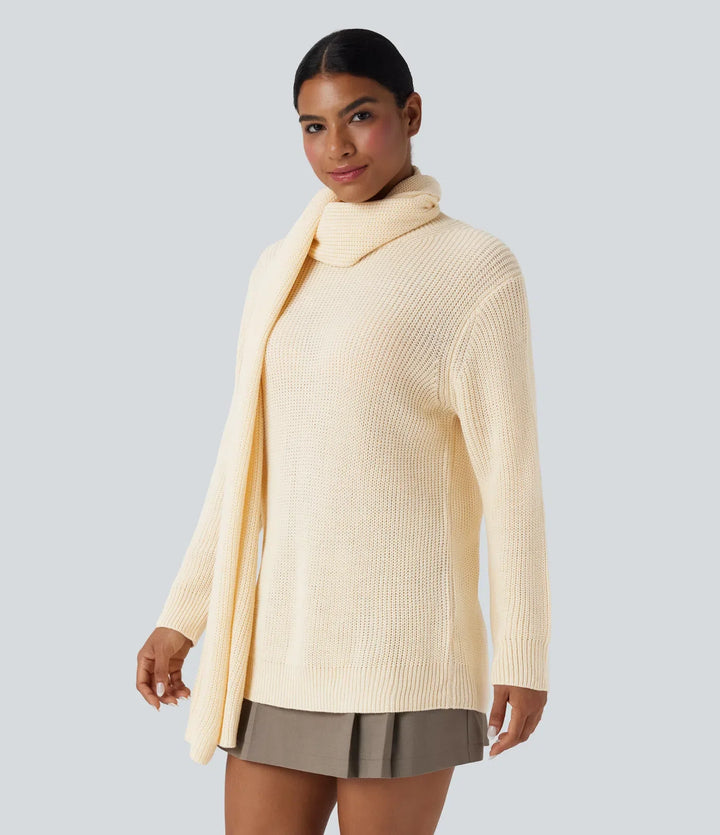 Round Neck Long Sleeve Work Sweater with Scarf