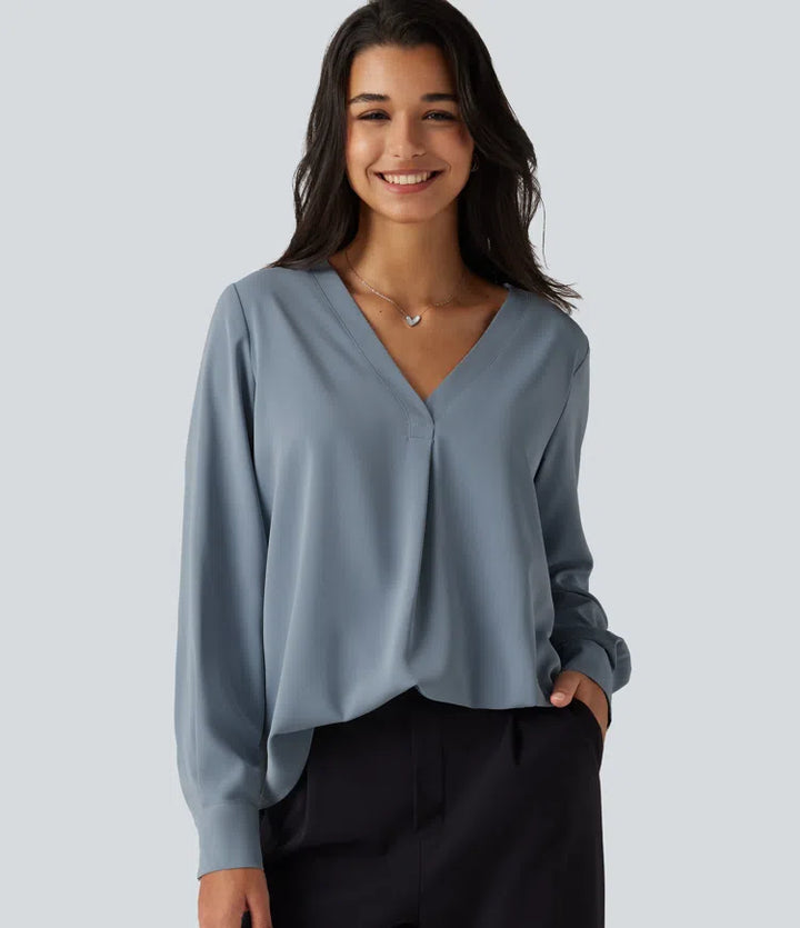 Wrinkle Recovery V Neck Long Sleeve Work Blouse