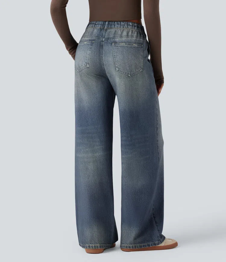 Mid Rise Denim Print French Terry Casual Sweatpants Jeans with Pockets