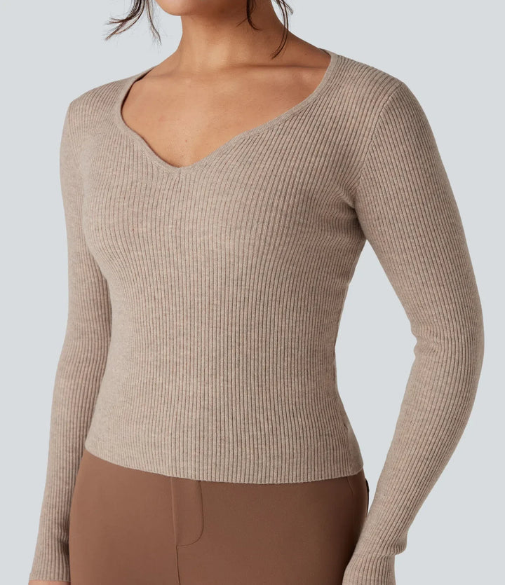 Ribbed Knit Sweetheart Neck Long Sleeve Work Sweater