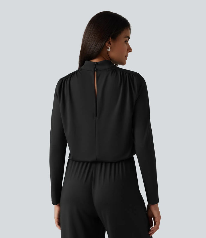 Stand Collar Long Sleeve Straight Leg Jumpsuit with Pockets-Easy Peezy Edition
