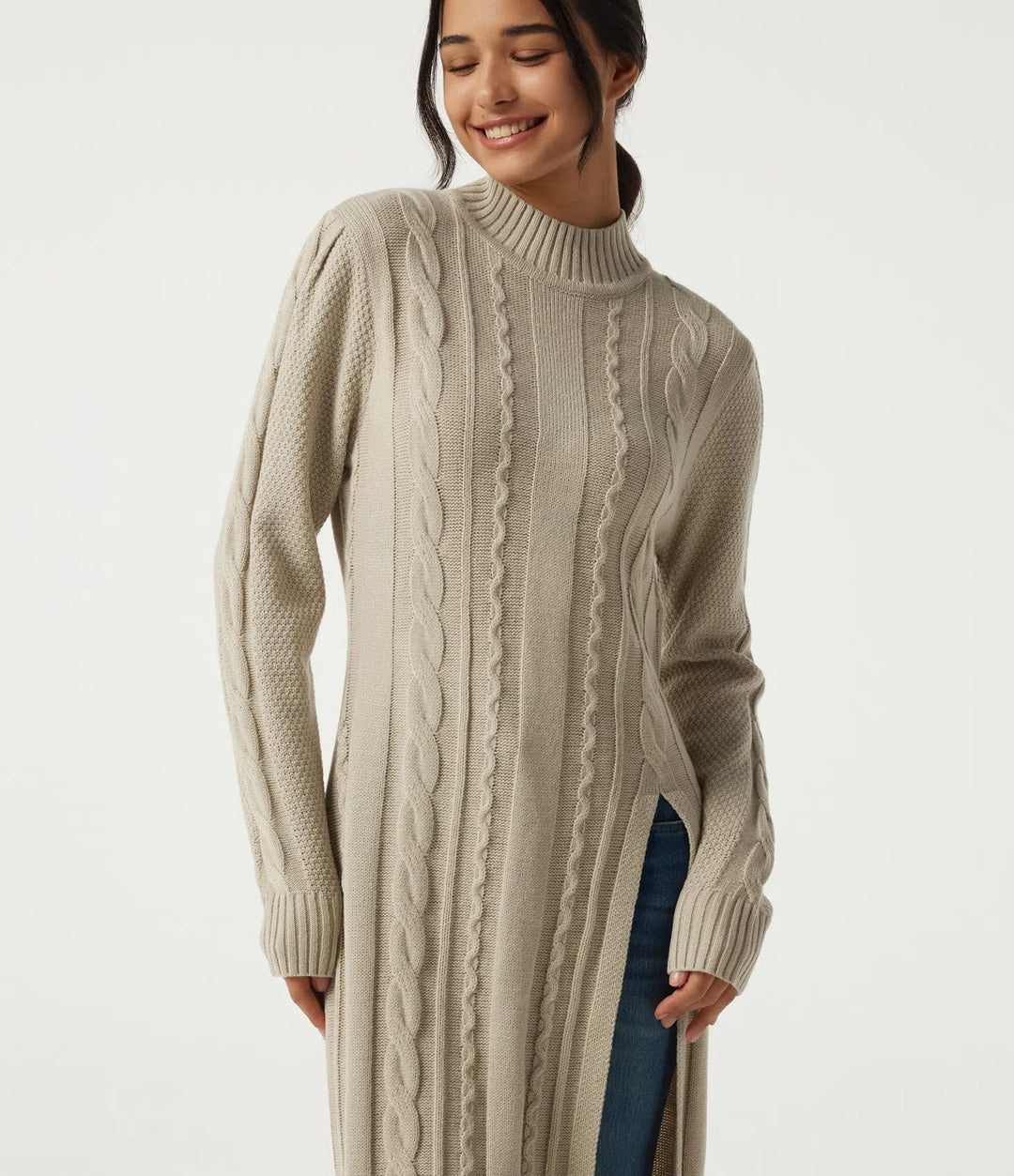 Mock Neck Long Sleeve Cable Stitch Casual Midi Sweater Dress