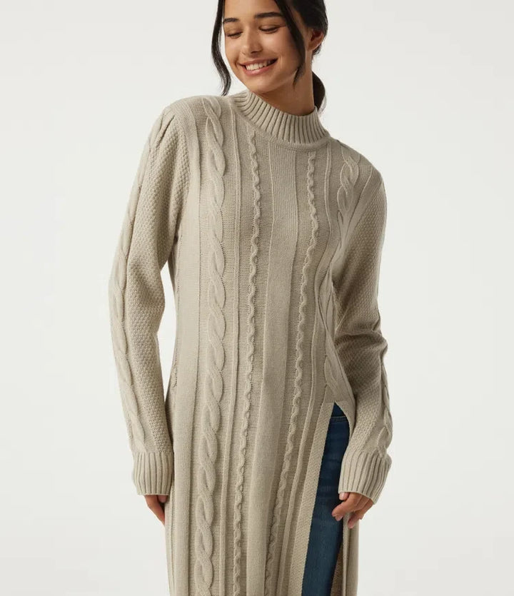 Mock Neck Long Sleeve Cable Stitch Casual Midi Sweater Dress