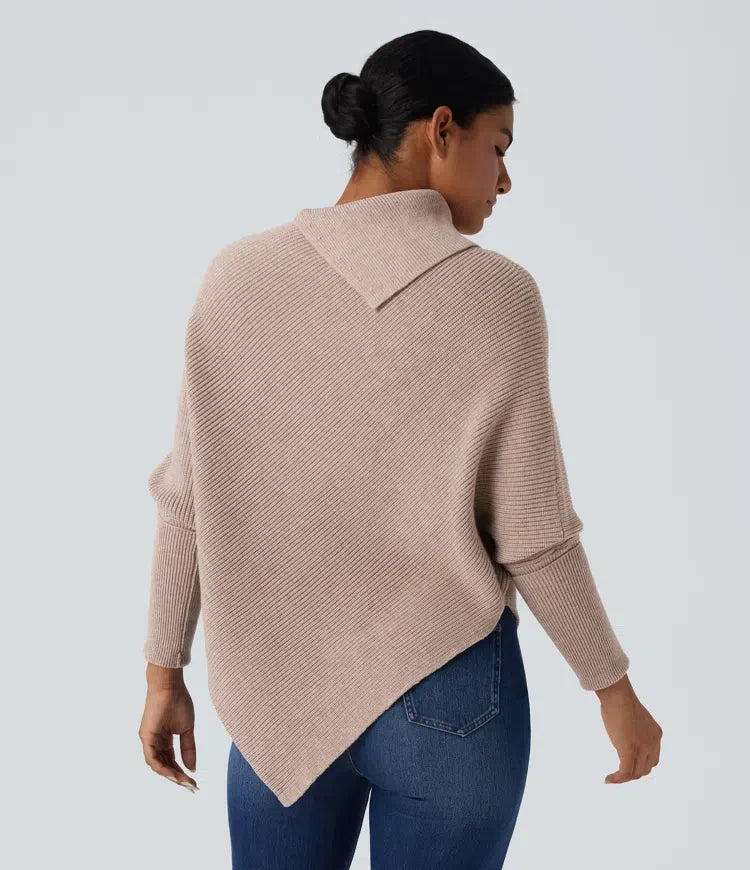 Turtleneck Batwing Sleeve Asymmetric Hem Casual Sweater