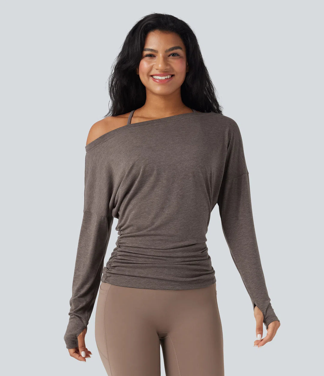 One Shoulder Long Sleeve Thumb Hole Ruched Yoga Sports Top