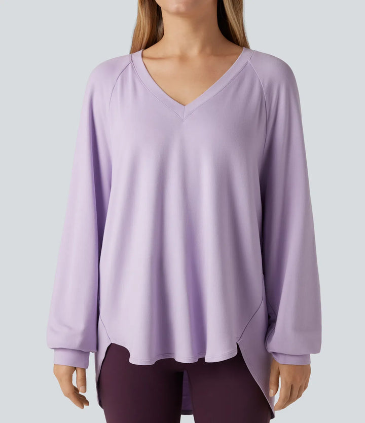 V Neck Long Sleeve High Low Casual Sweatshirt